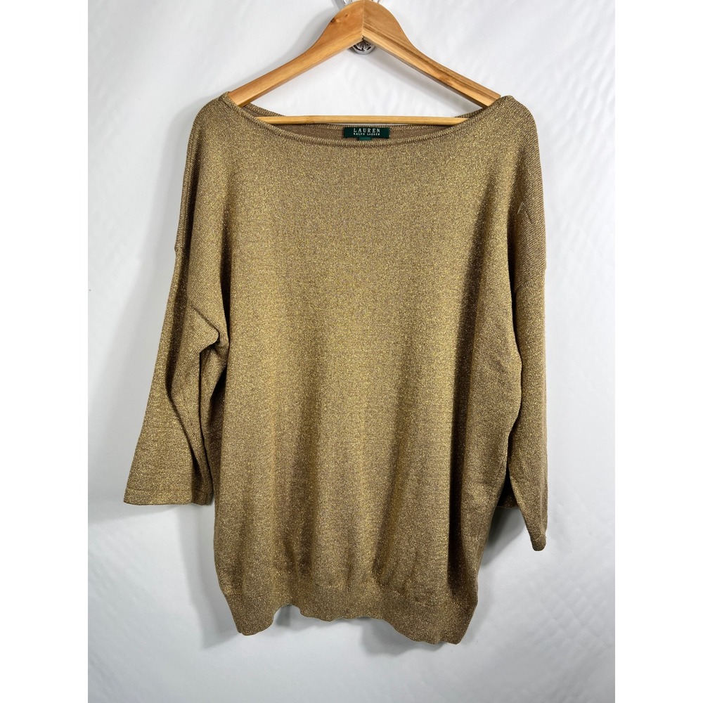 Lauren Ralph Lauren Gold Metallic Boat Neck‎ Sweater 3/4 Sleeve Plus Size 2X
